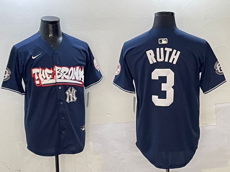 Men New York Yankees 3 Ruth Drak Blue four generations Joint Name 2025 Nike MLB Jersey style 7